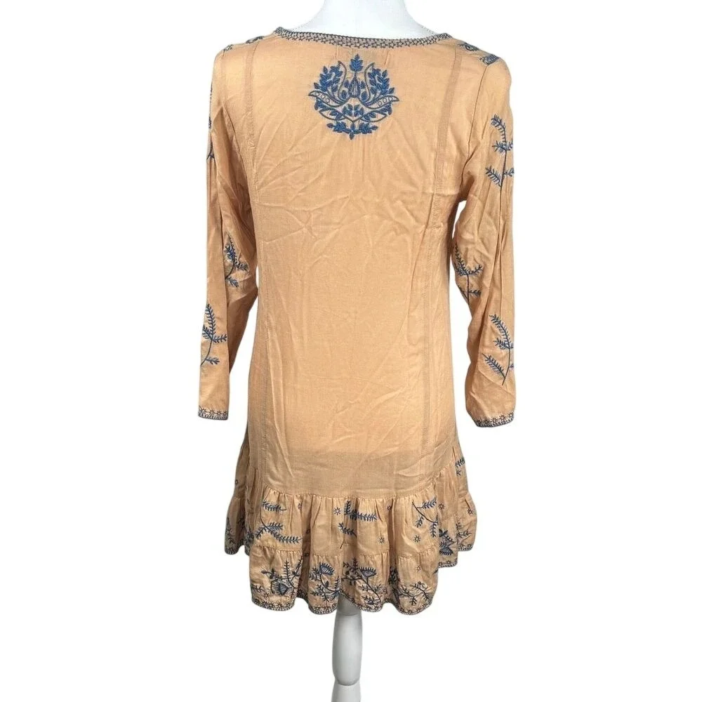 Bohemian Embroidered Dress Sz M Natural Long Sleeve Flowy Relaxed Cottage BOHO - Picture 6 of 11